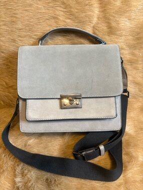 Simons Light Gray Suede Top-Handle Satchel with Black Strap
